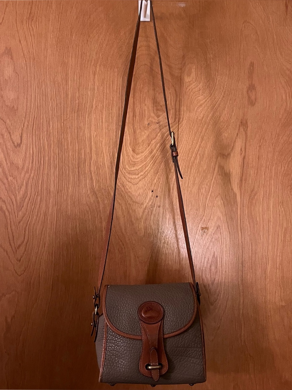 Vintage Dooney & Bourke Pebbled Leather Crossbody Bag in Taupe and Brown